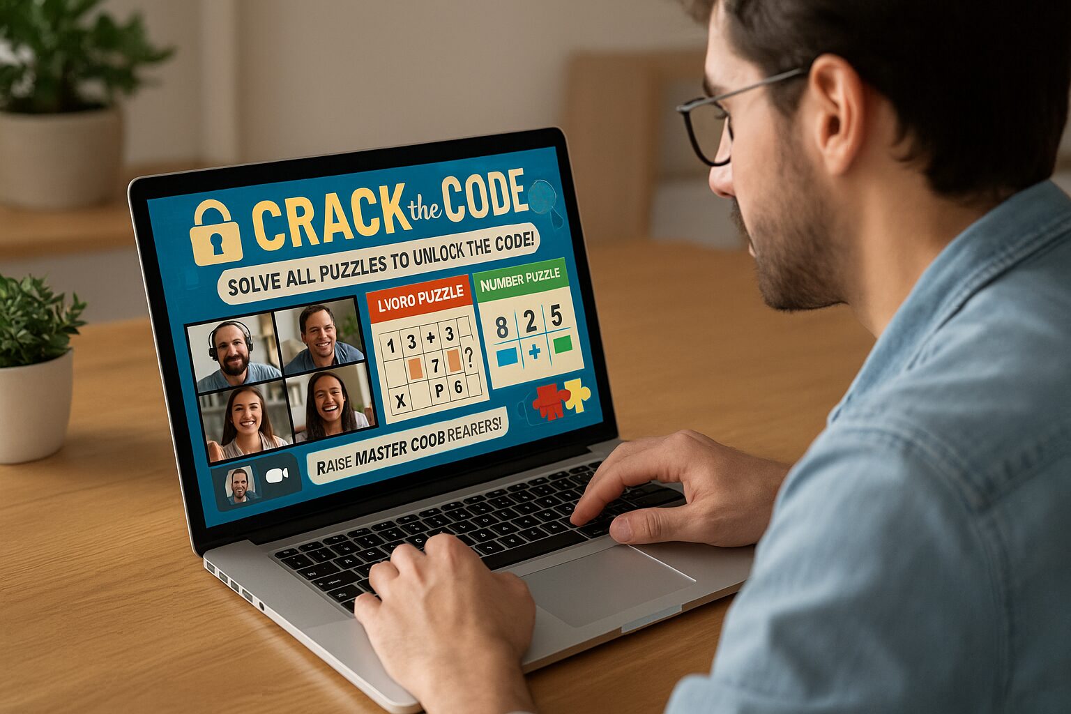 Person working on laptop during a virtual "Crack the Code" team building event, featuring live video of smiling teammates, logic puzzles, and a countdown to unlock the master code.